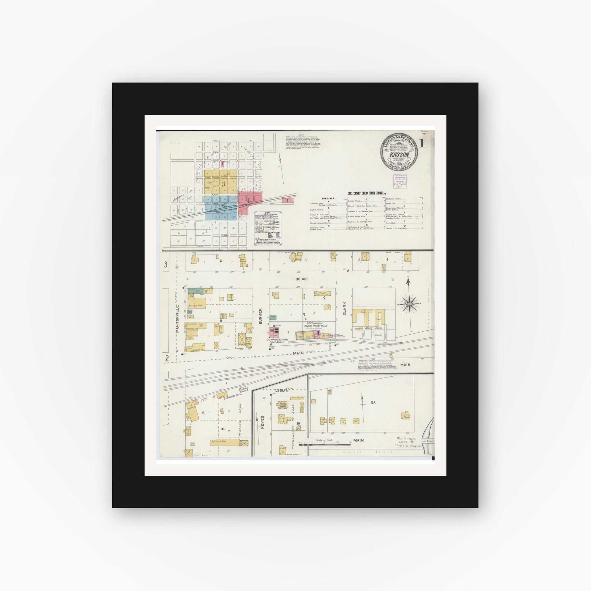 Old map wall art mockup — black gallery frame with white mat — Sanborn Fire Insurance Map from Kasson, Dodge County, Minnesota (1904) - Complete Map Set