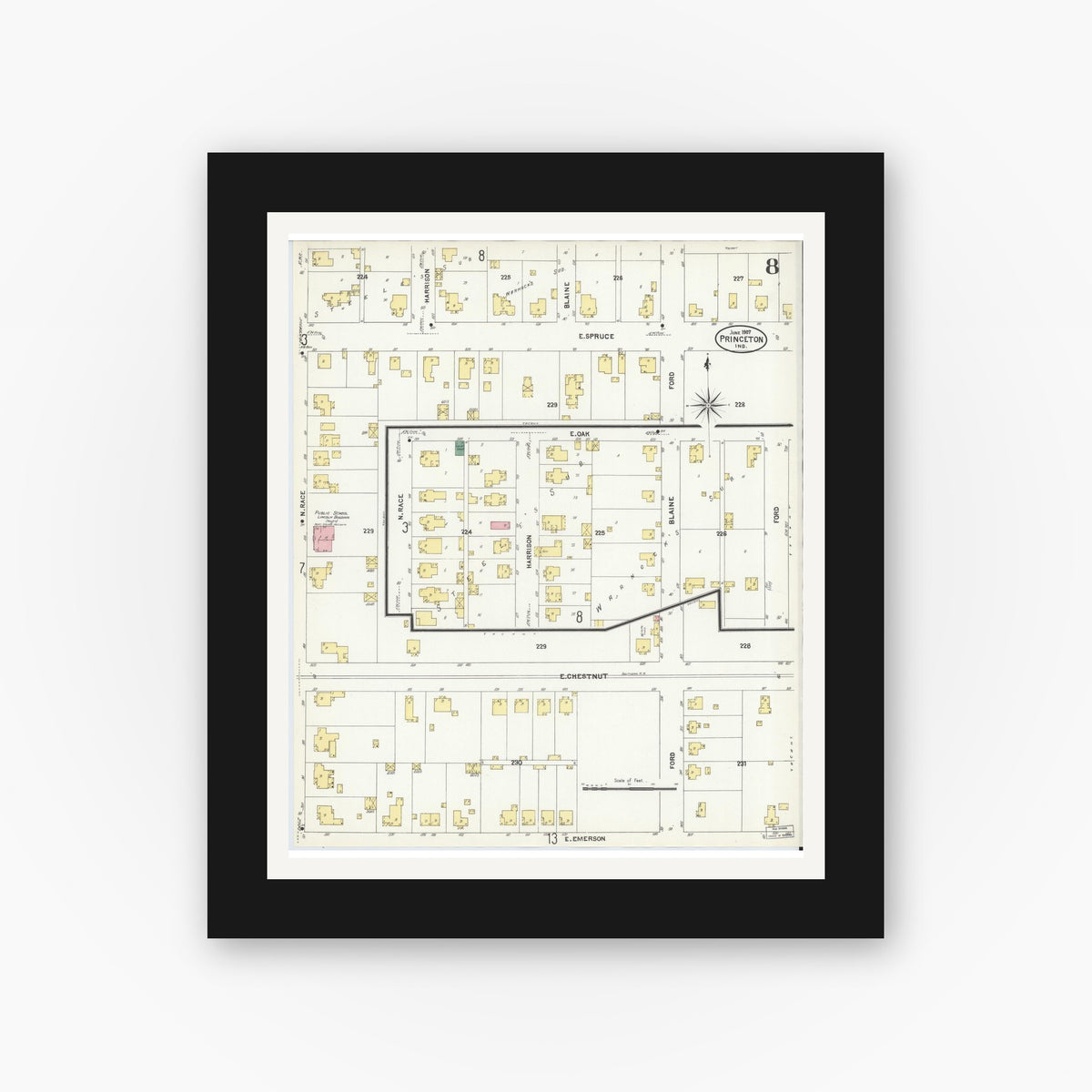 Old map wall art mockup — black gallery frame with white mat — Sanborn Fire Insurance Map from Princeton, Gibson County, Indiana (1907), Sheet #0008