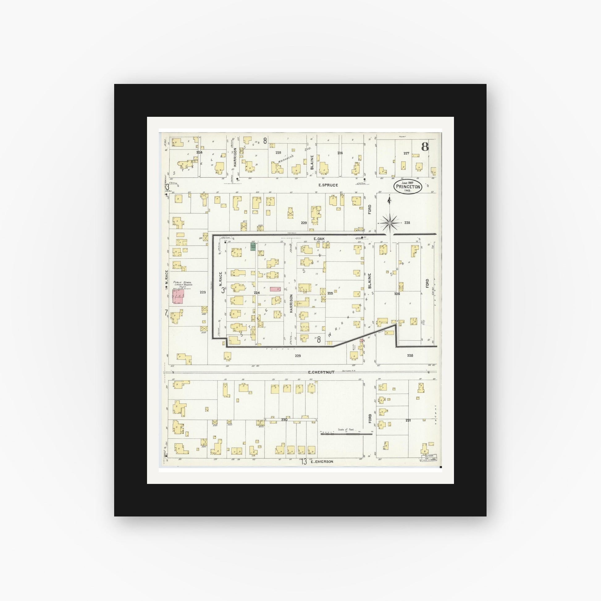 Old map wall art mockup — black gallery frame with white mat — Sanborn Fire Insurance Map from Princeton, Gibson County, Indiana (1907), Sheet #0008