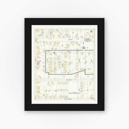 Old map wall art mockup — black gallery frame with white mat — Sanborn Fire Insurance Map from Princeton, Gibson County, Indiana (1907), Sheet #0008