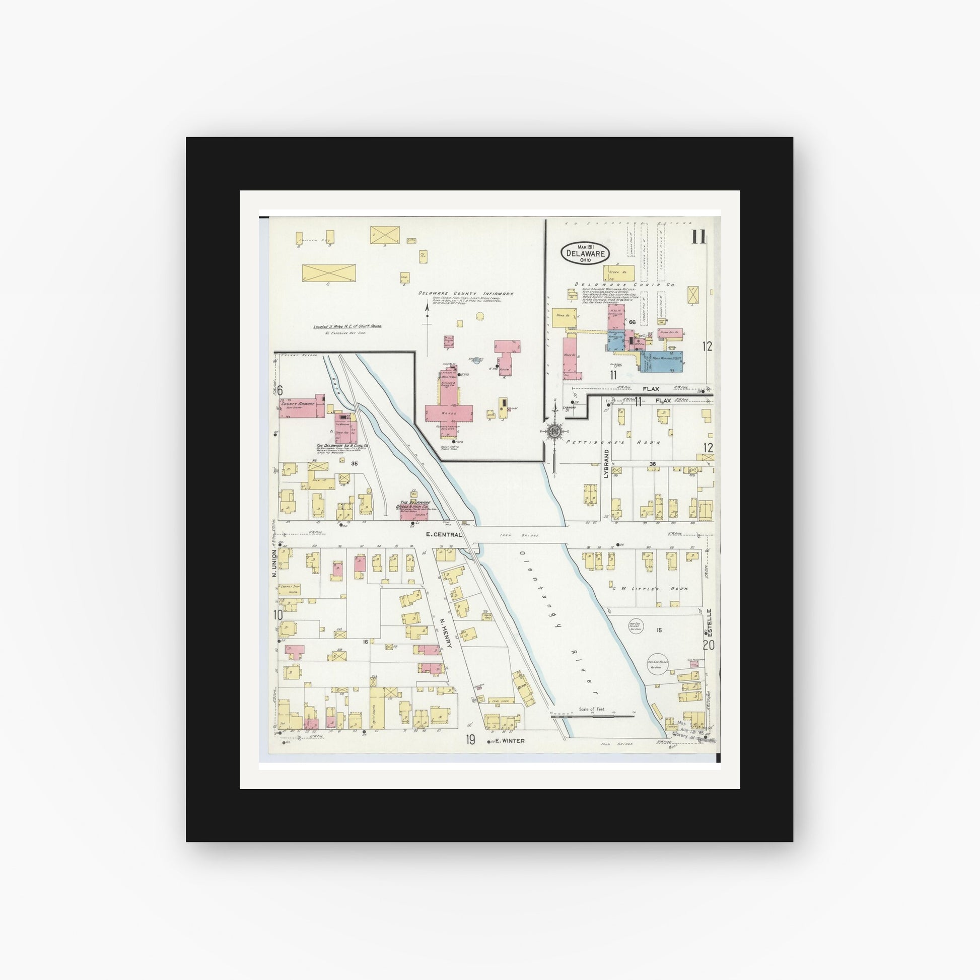 Old map wall art mockup — black gallery frame with white mat — Sanborn Fire Insurance Map from Delaware, Delaware County, Ohio (1911), Sheet #0011