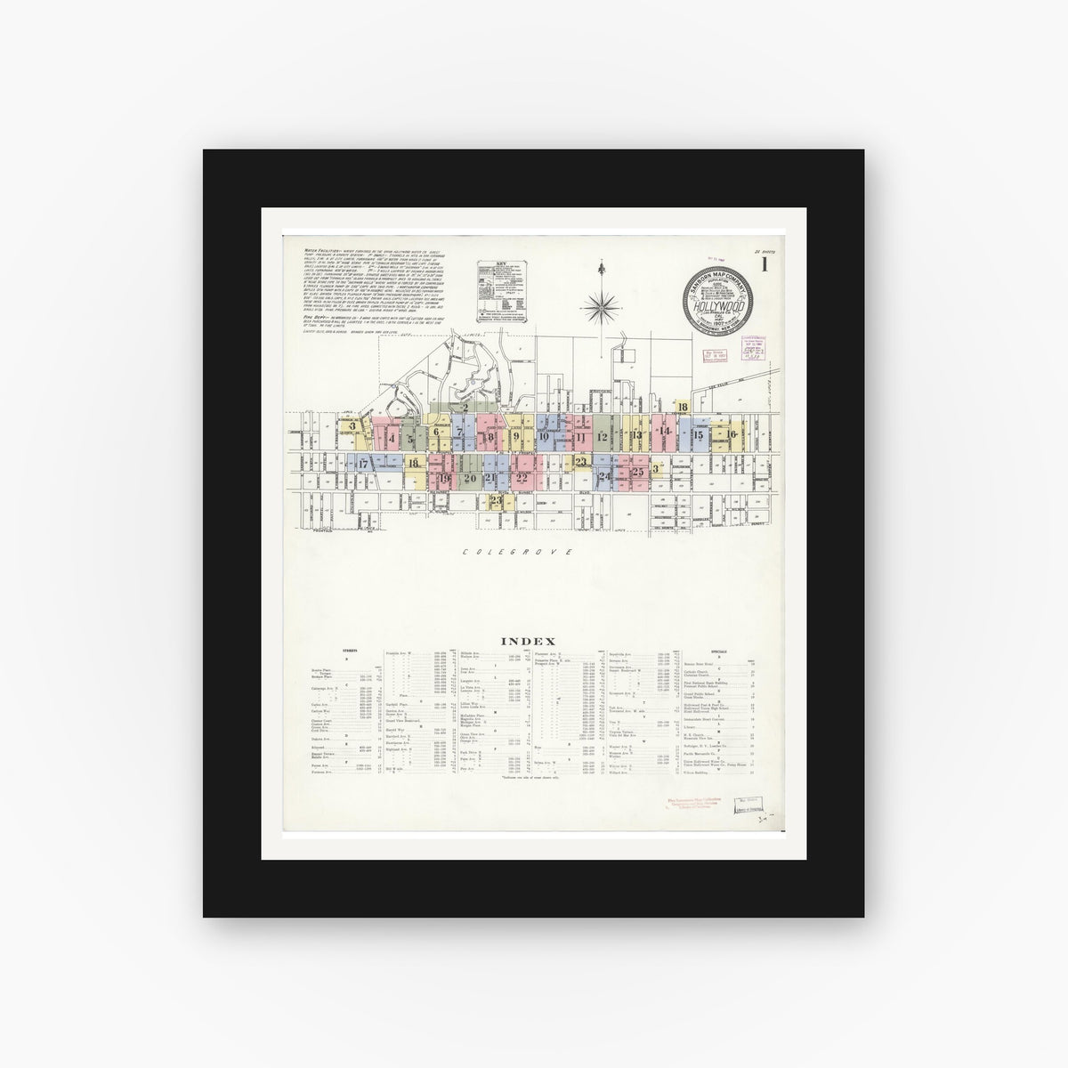 Old map wall art mockup — black gallery frame with white mat — Sanborn Fire Insurance Map from Hollywood, Los Angeles County, California (1907), Sheet #0001