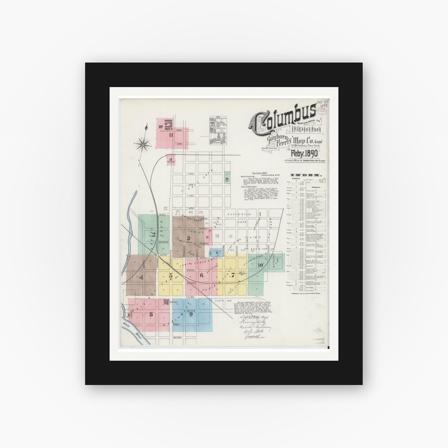 Old map wall art mockup — black gallery frame with white mat — Sanborn Fire Insurance Map from Columbus, Bartholomew County, Indiana (1890), Sheet #0001