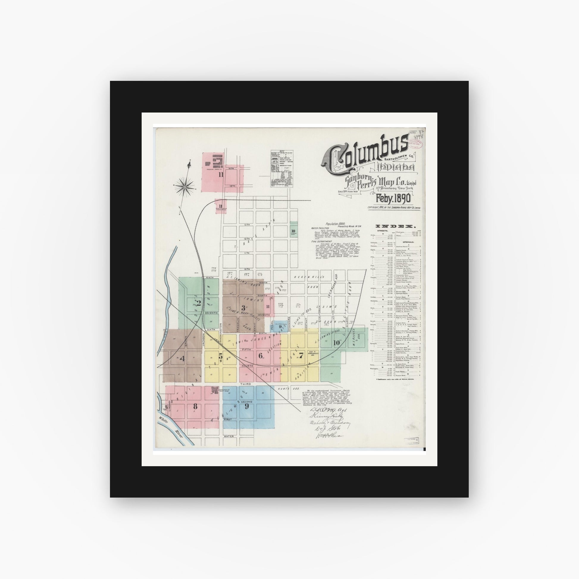 Old map wall art mockup — black gallery frame with white mat — Sanborn Fire Insurance Map from Columbus, Bartholomew County, Indiana (1890), Sheet #0001