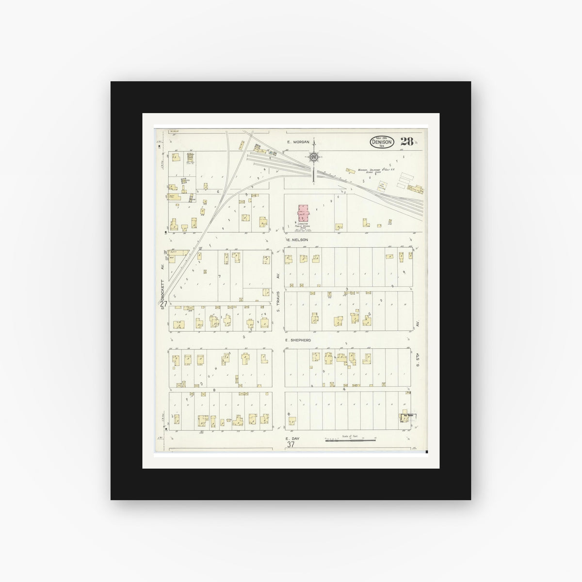 Old map wall art mockup — black gallery frame with white mat — Sanborn Fire Insurance Map from Denison, Grayson County, Texas (1914), Sheet #0028