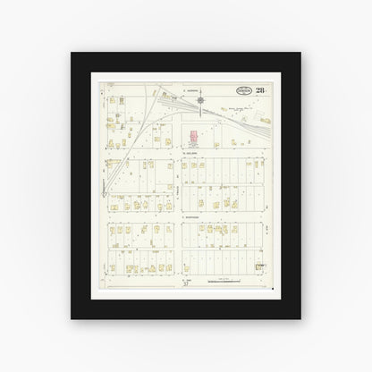 Old map wall art mockup — black gallery frame with white mat — Sanborn Fire Insurance Map from Denison, Grayson County, Texas (1914), Sheet #0028