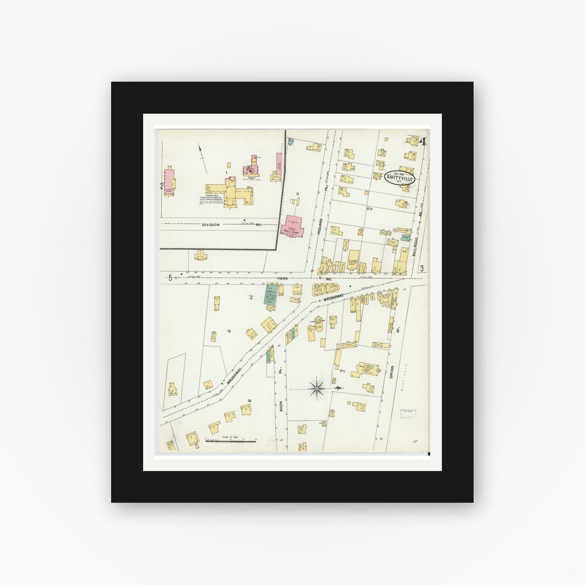 Old map wall art mockup — black gallery frame with white mat — Sanborn Fire Insurance Map from Amityville, Suffolk County, New York (1904), Sheet #0004
