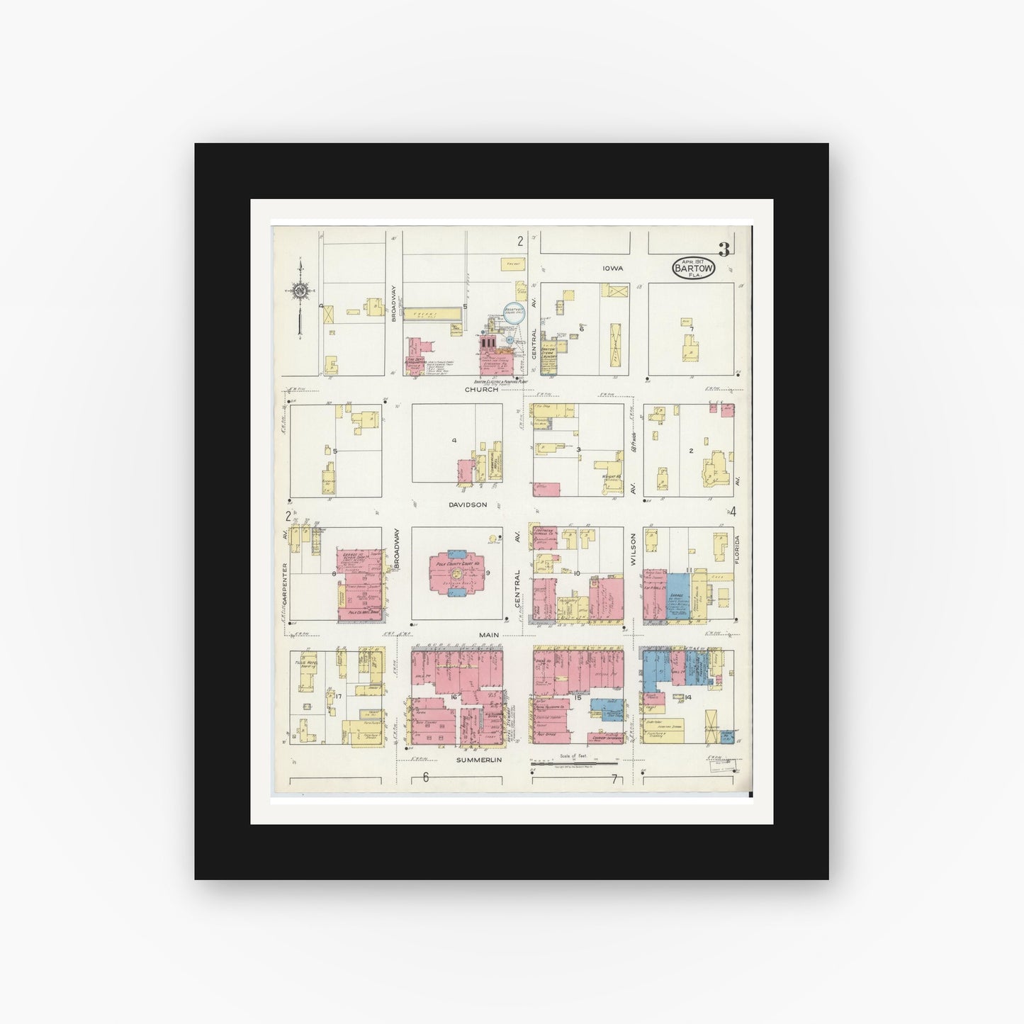 Old map wall art mockup — black gallery frame with white mat — Sanborn Fire Insurance Map from Bartow, Polk County, Florida (1917), Sheet #0003