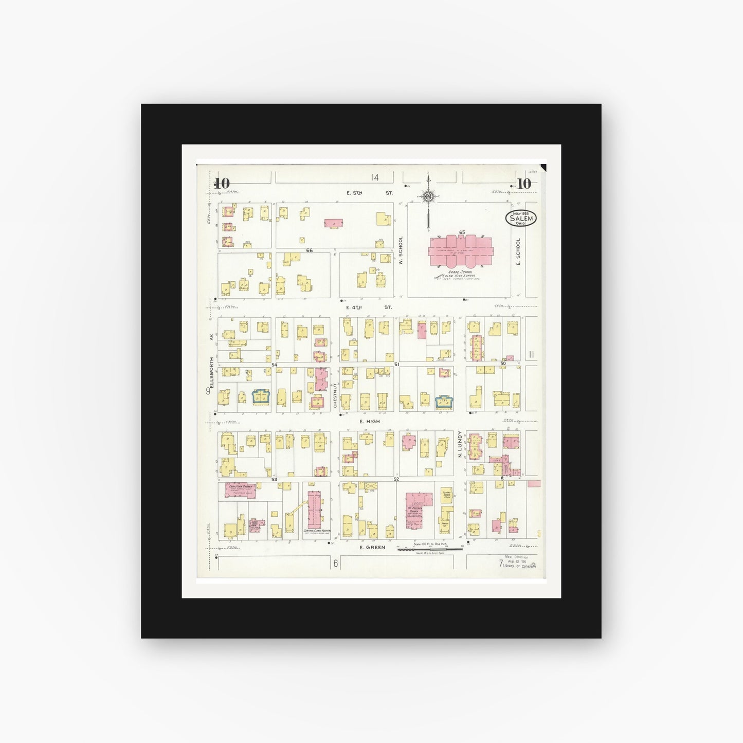 Old map wall art mockup — black gallery frame with white mat — Sanborn Fire Insurance Map from Salem, Columbiana County, Ohio (1926), Sheet #0010