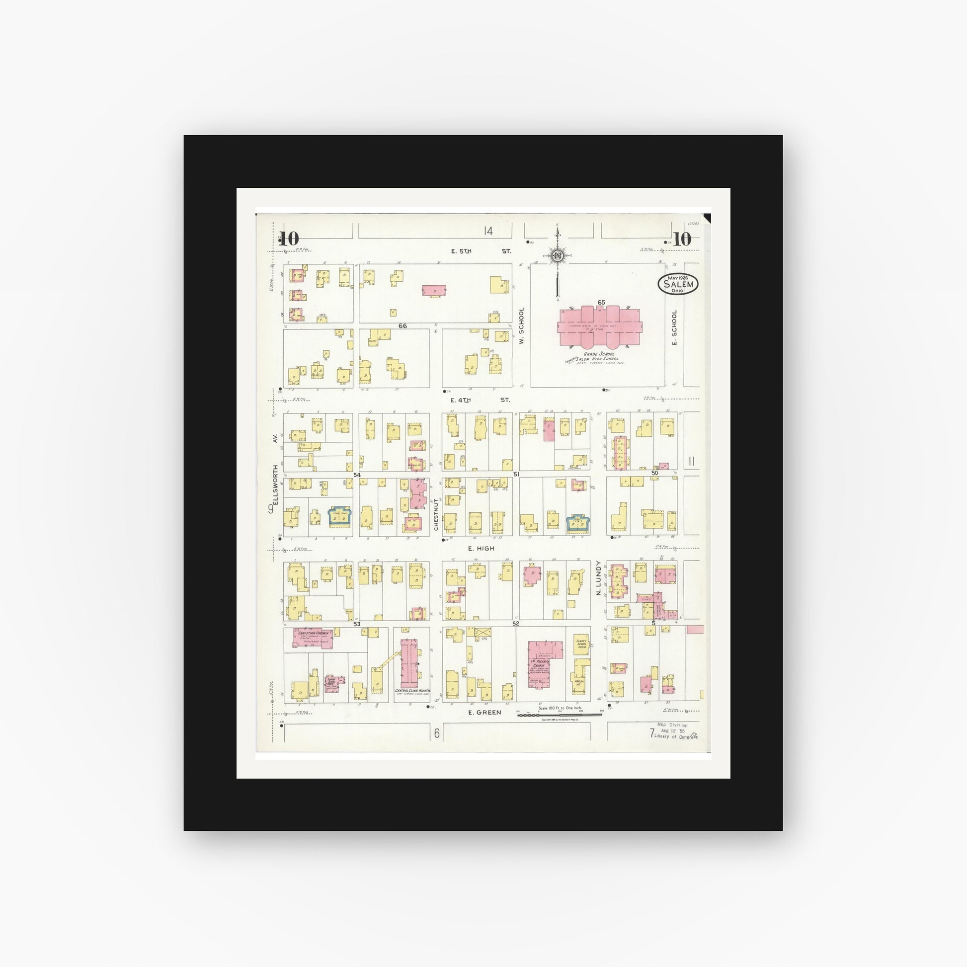 Old map wall art mockup — black gallery frame with white mat — Sanborn Fire Insurance Map from Salem, Columbiana County, Ohio (1926), Sheet #0010