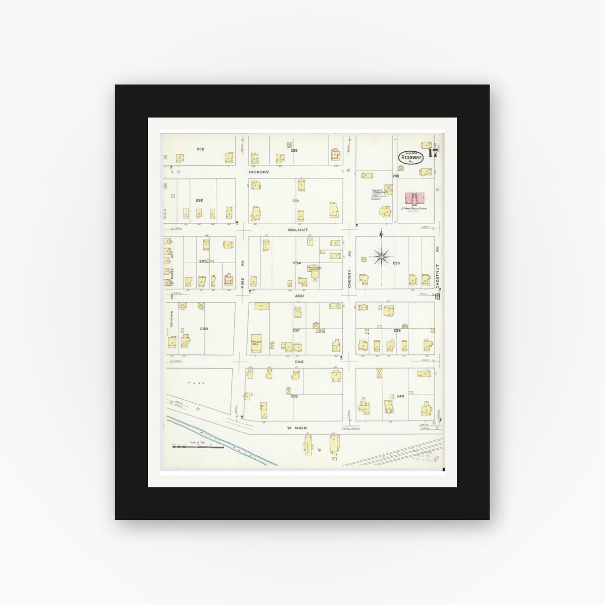 Old map wall art mockup — black gallery frame with white mat — Sanborn Fire Insurance Map from Ridgway, Elk County, Pennsylvania (1909), Sheet #0017
