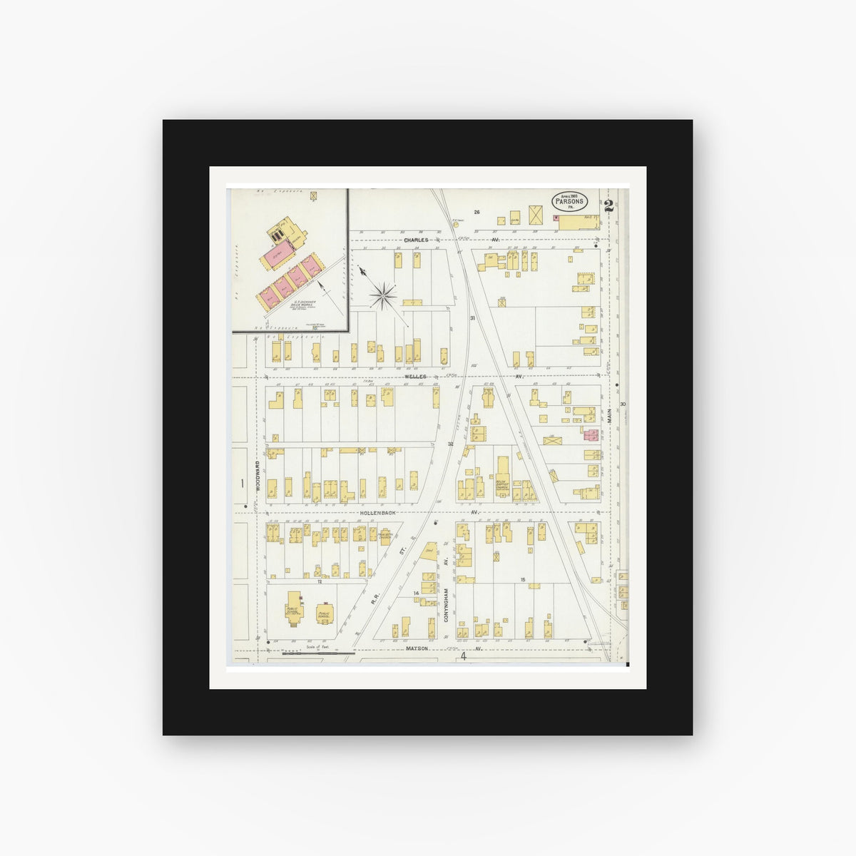 Old map wall art mockup — black gallery frame with white mat — Sanborn Fire Insurance Map from Parsons, Luzerne County, Pennsylvania (1903), Sheet #0002