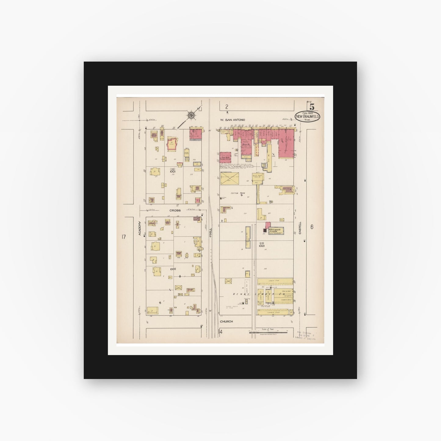 Old map wall art mockup — black gallery frame with white mat — Sanborn Fire Insurance Map from New Braunfels, Comal County, Texas (1922), Sheet #0005