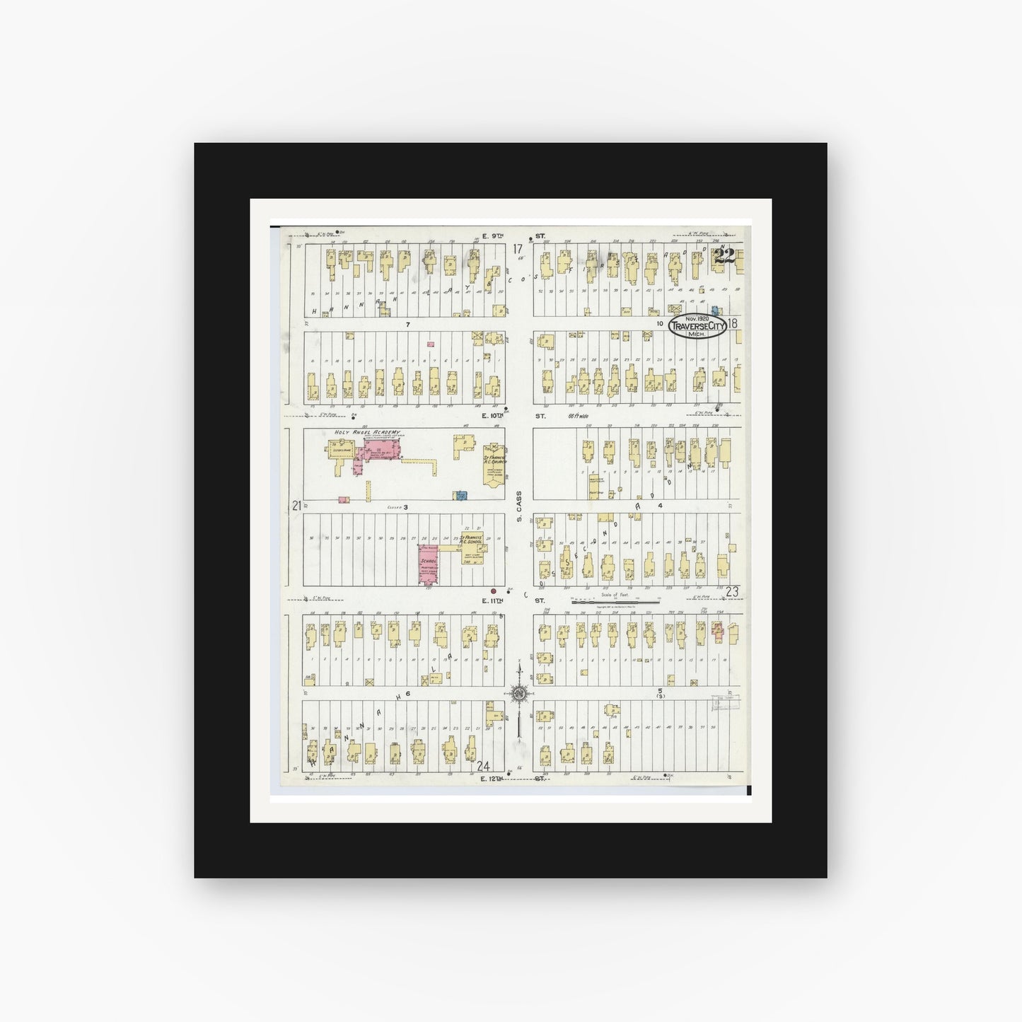 Old map wall art mockup — black gallery frame with white mat — Sanborn Fire Insurance Map from Traverse City, Grand Traverse County, Michigan (1920), Sheet #0022