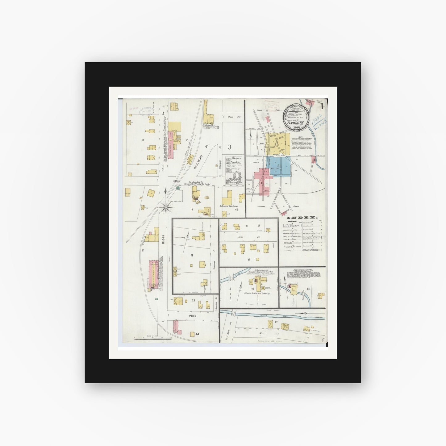 Old map wall art mockup — black gallery frame with white mat — Sanborn Fire Insurance Map from Plymouth, Huron And Richland Counties, Ohio (1899), Sheet #0001
