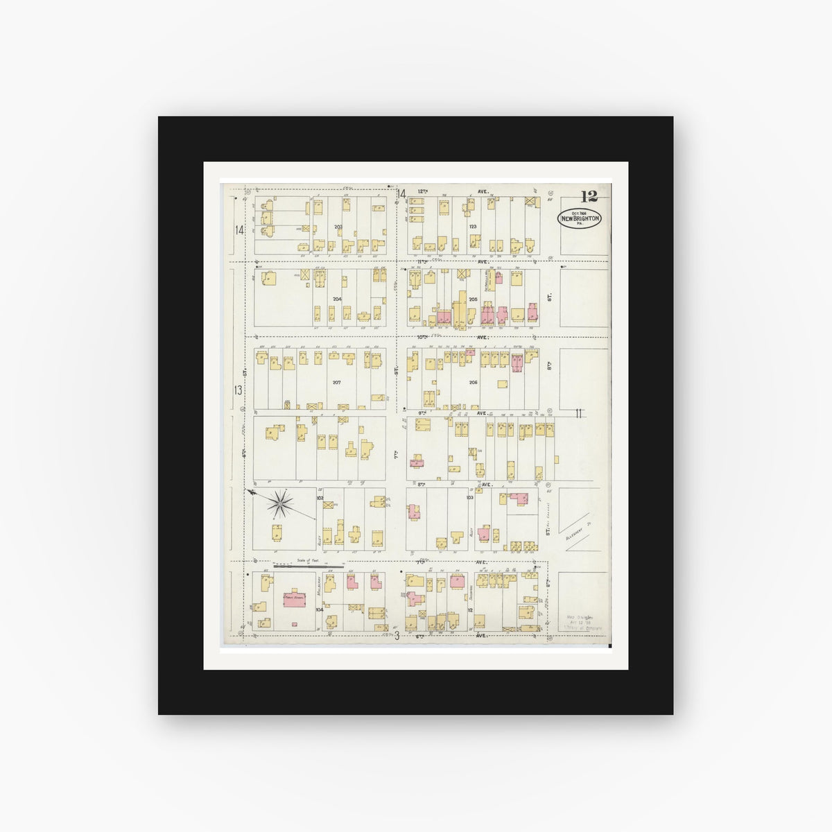 Old map wall art mockup — black gallery frame with white mat — Sanborn Fire Insurance Map from New Brighton, Beaver County, Pennsylvania (1906), Sheet #0012