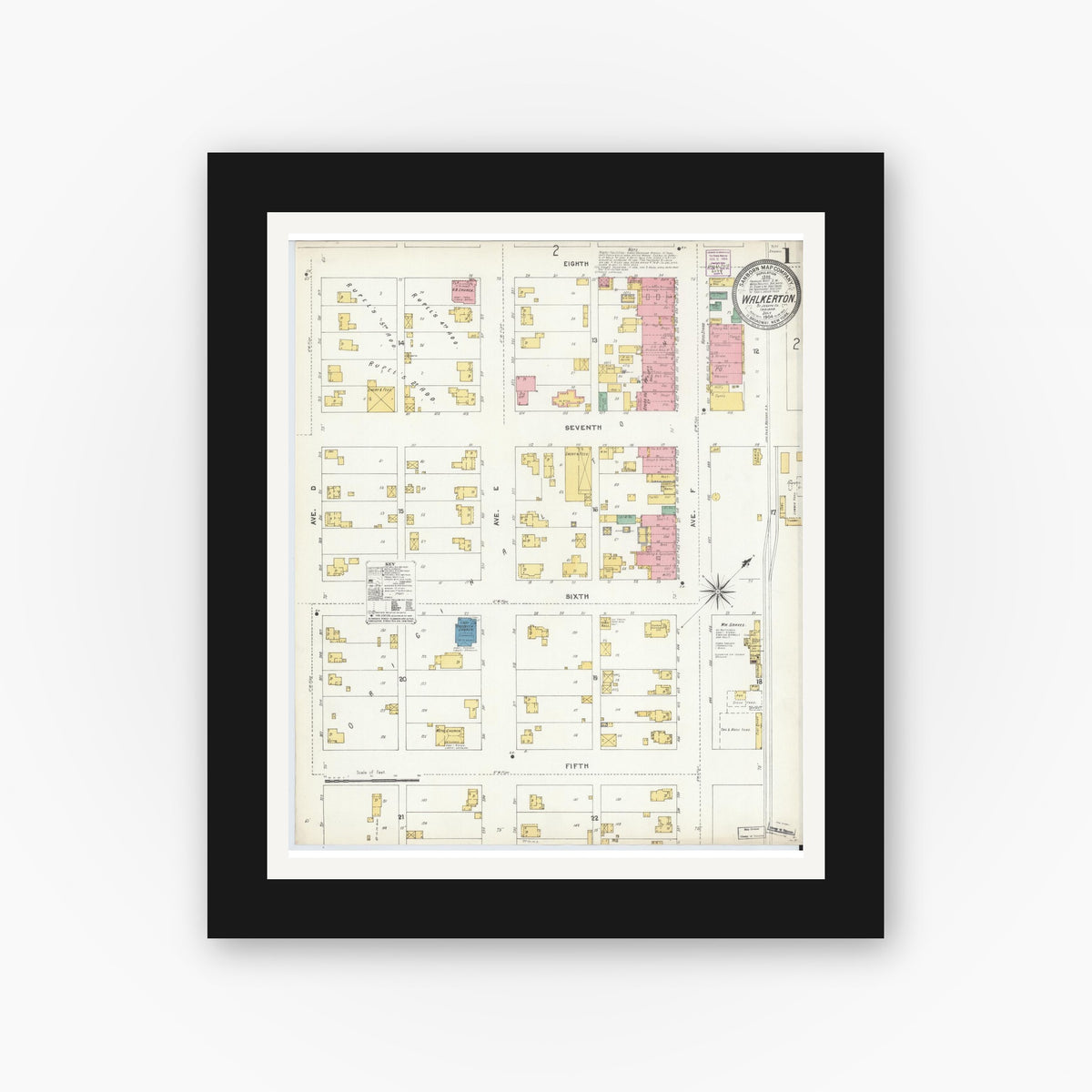 Old map wall art mockup — black gallery frame with white mat — Sanborn Fire Insurance Map from Walkerton, Saint Joseph County, Indiana (1904), Sheet #0001