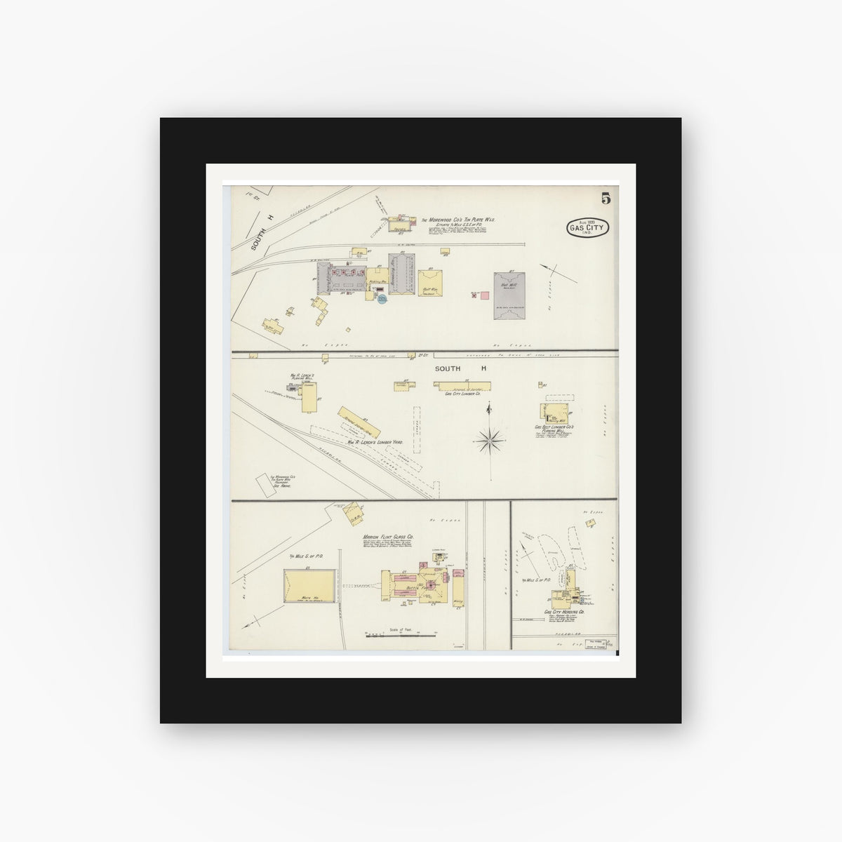 Old map wall art mockup — black gallery frame with white mat — Sanborn Fire Insurance Map from Gas City, Grant County, Indiana (1893), Sheet #0005