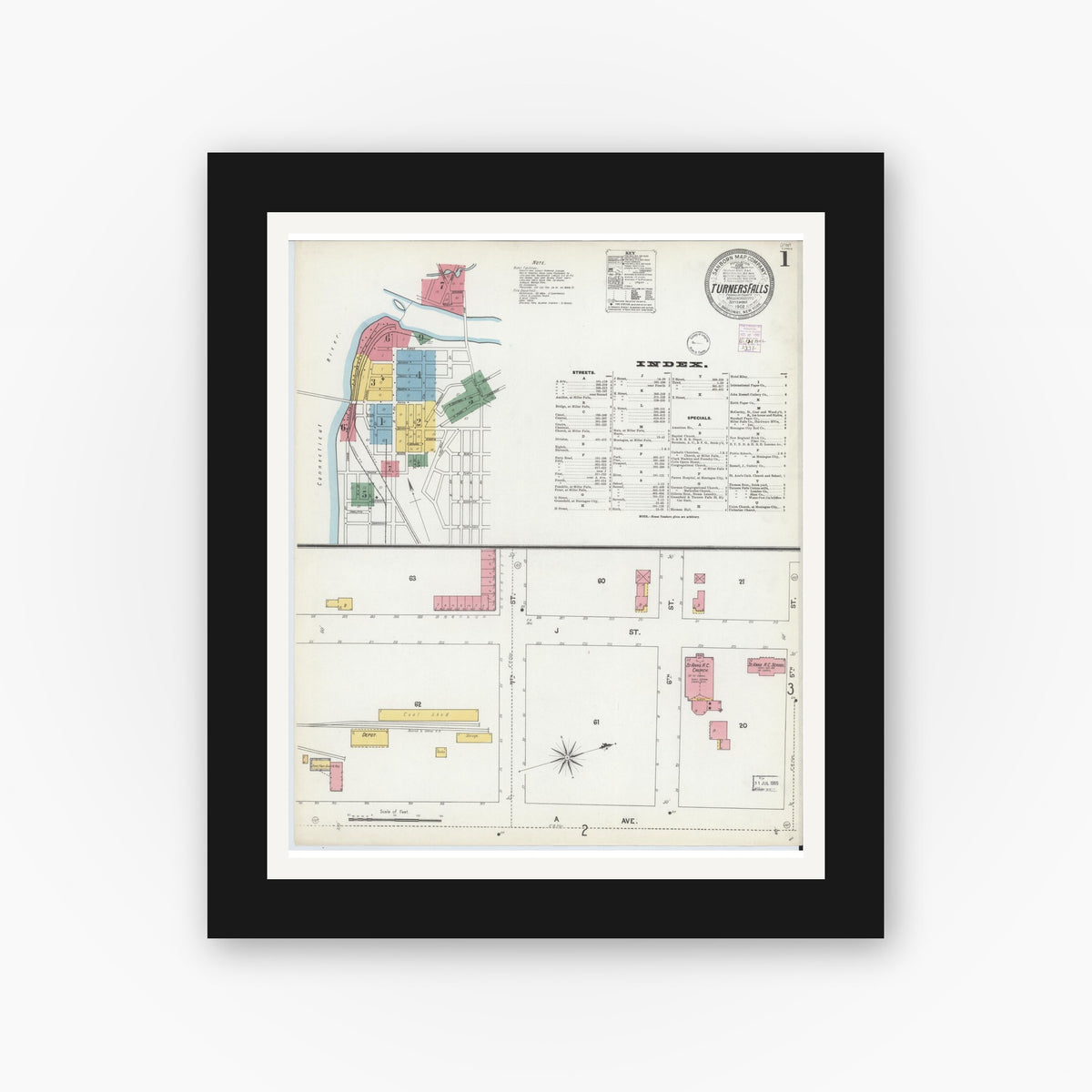 Old map wall art mockup — black gallery frame with white mat — Sanborn Fire Insurance Map from Turners Falls, Franklin County, Massachusetts (1902) - Complete Map Set