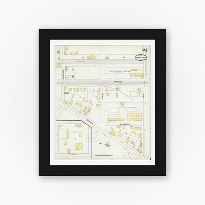 Old map wall art mockup — black gallery frame with white mat — Sanborn Fire Insurance Map from San Antonio, Bexar County, Texas (1892), Sheet #0024