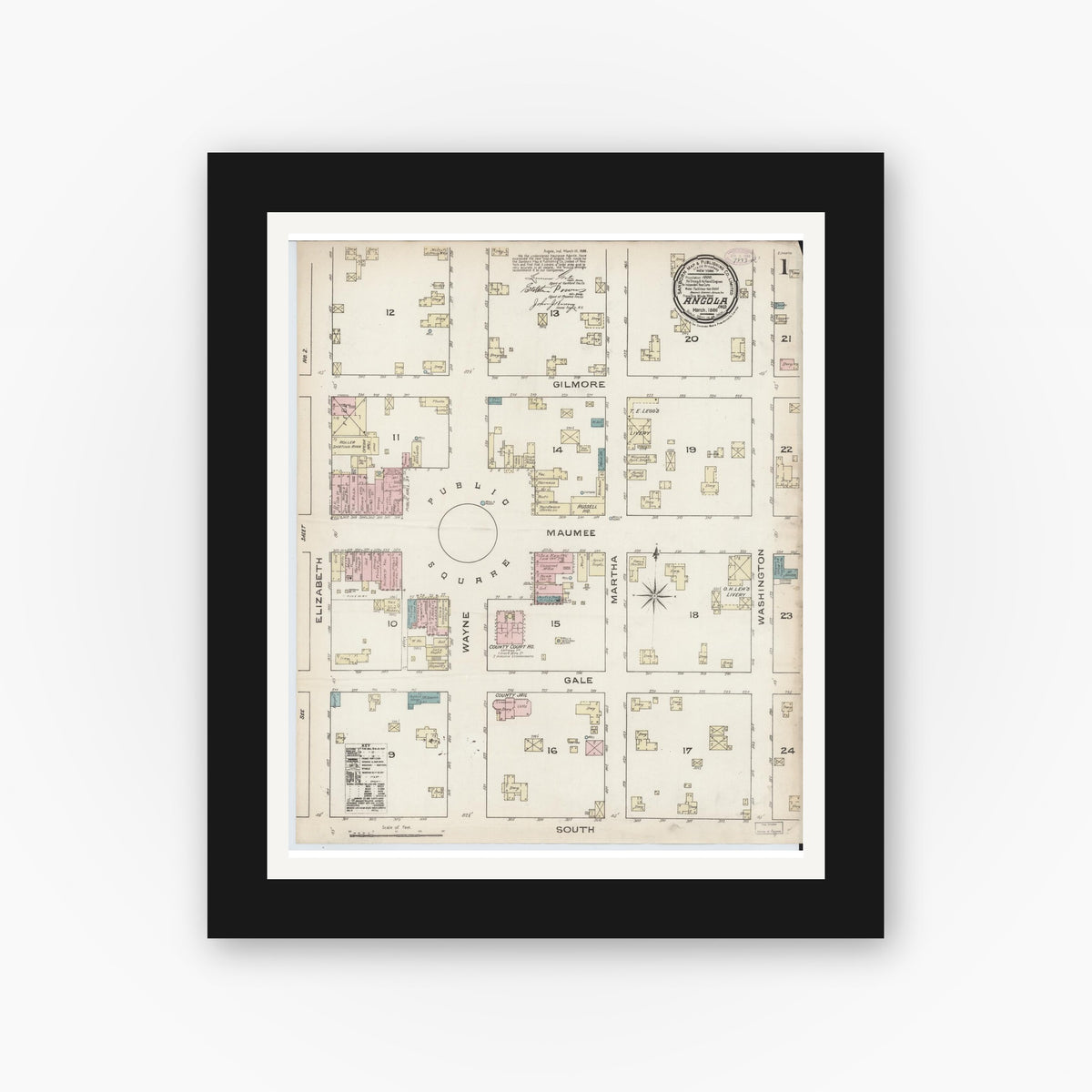 Old map wall art mockup — black gallery frame with white mat — Sanborn Fire Insurance Map from Angola, Steuben County, Indiana (1886), Sheet #0001