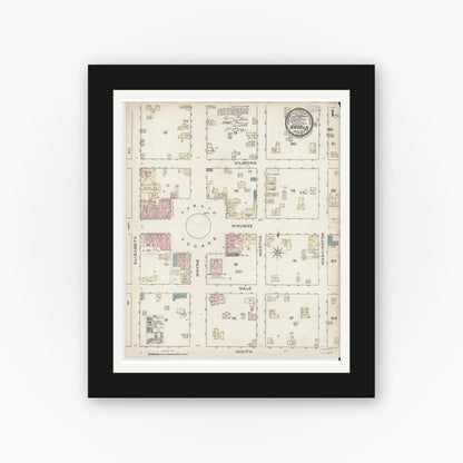 Old map wall art mockup — black gallery frame with white mat — Sanborn Fire Insurance Map from Angola, Steuben County, Indiana (1886), Sheet #0001