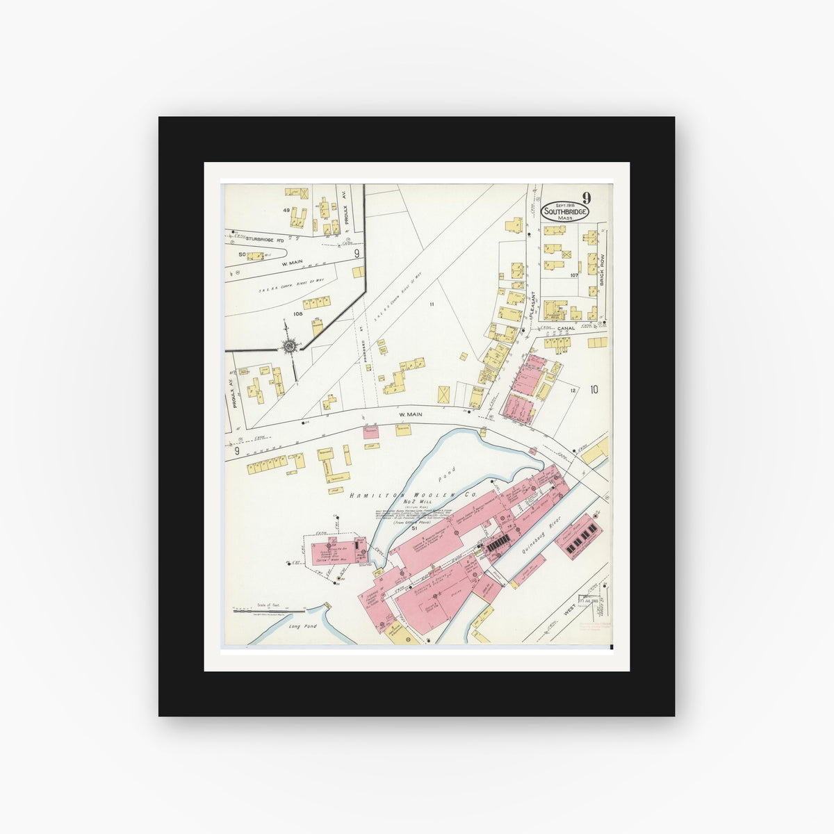 Old map wall art mockup — black gallery frame with white mat — Sanborn Fire Insurance Map from Southbridge, Worcester County, Massachusetts (1918), Sheet #0009