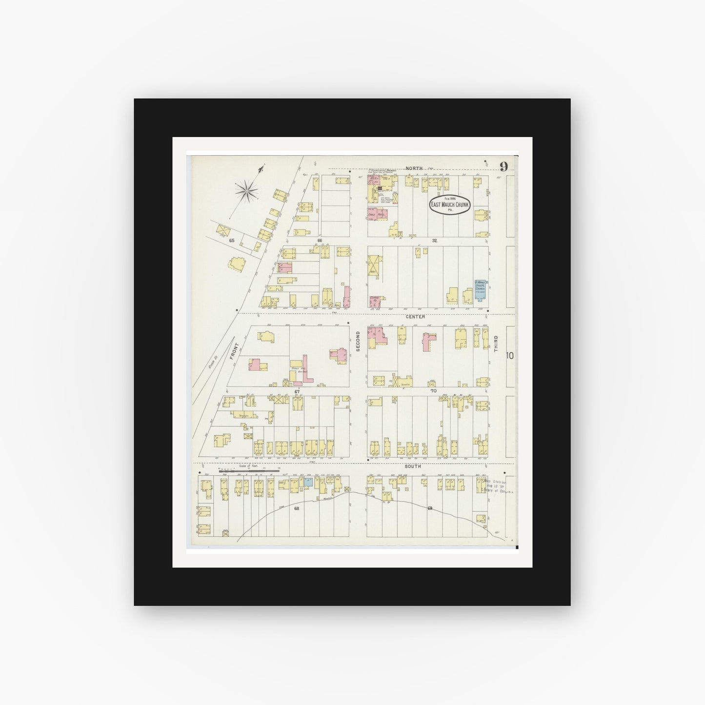 Old map wall art mockup — black gallery frame with white mat — Sanborn Fire Insurance Map from Mauch Chunk, Carbon County, Pennsylvania (1896), Sheet #0009