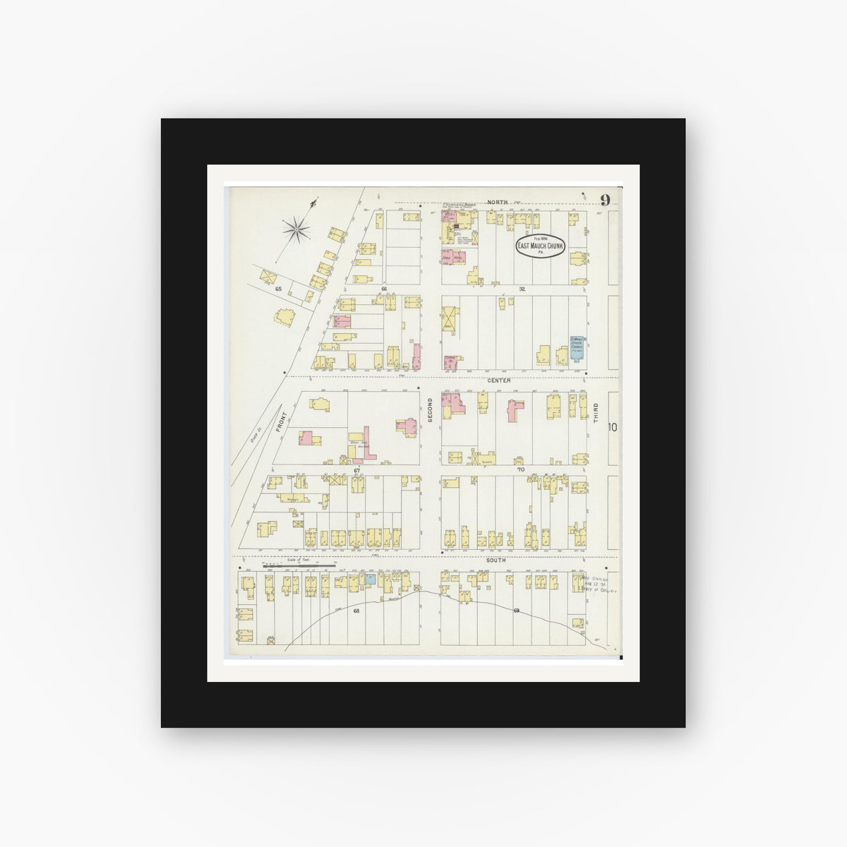 Old map wall art mockup — black gallery frame with white mat — Sanborn Fire Insurance Map from Mauch Chunk, Carbon County, Pennsylvania (1896), Sheet #0009