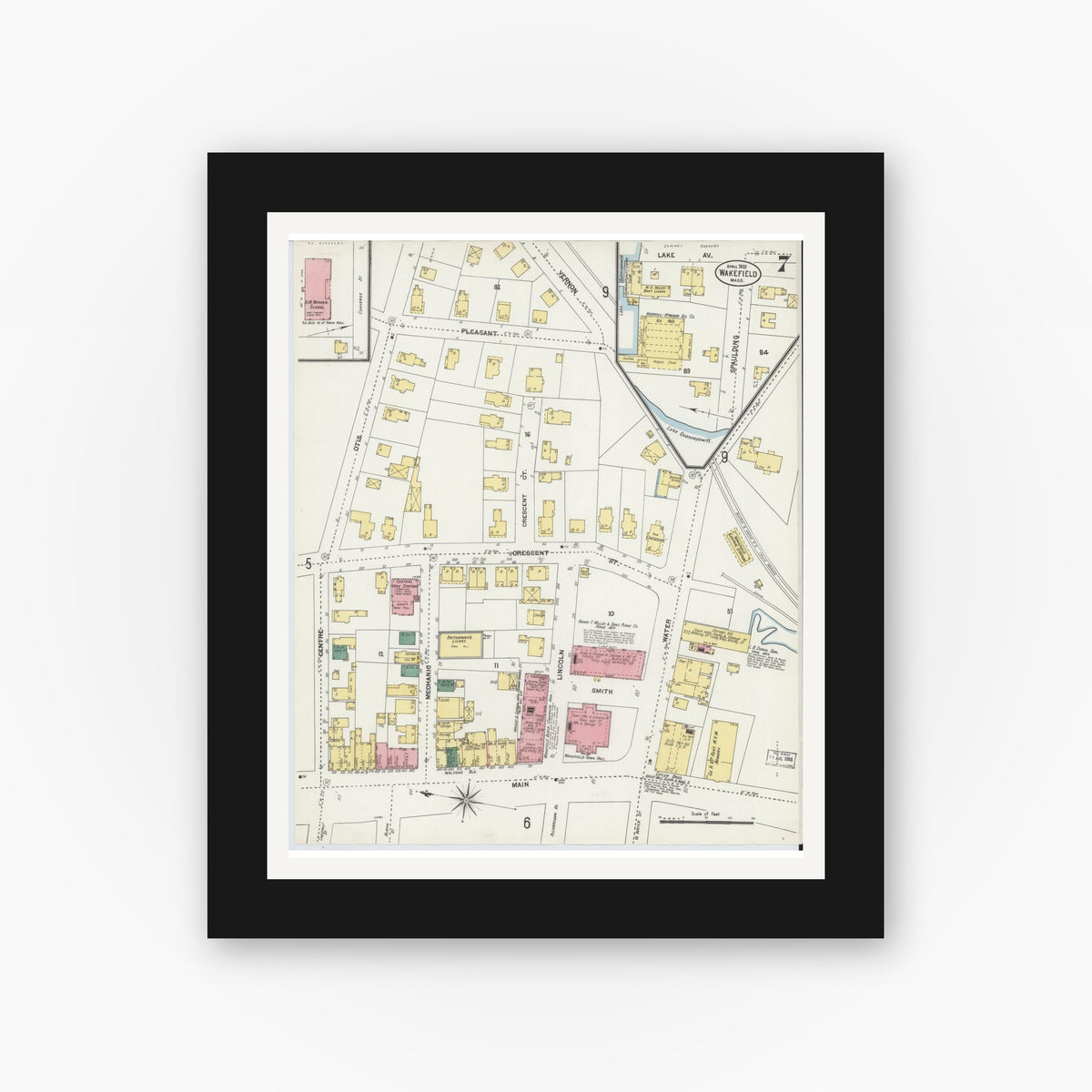 Old map wall art mockup — black gallery frame with white mat — Sanborn Fire Insurance Map from Wakefield, Middlesex County, Massachusetts (1903), Sheet #0007