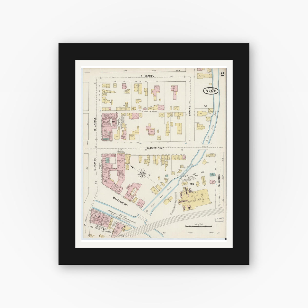 Old map wall art mockup — black gallery frame with white mat — Sanborn Fire Insurance Map from Rome, Oneida County, New York (1888), Sheet #0002