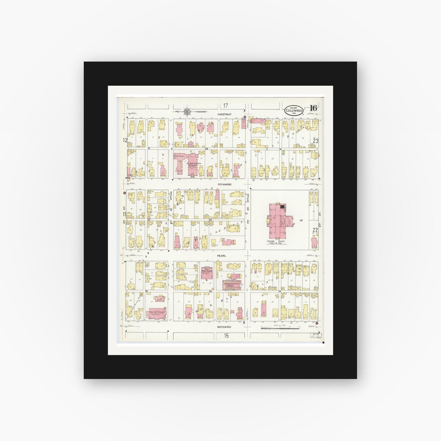 Old map wall art mockup — black gallery frame with white mat — Sanborn Fire Insurance Map from Columbus, Bartholomew County, Indiana (1912), Sheet #0016