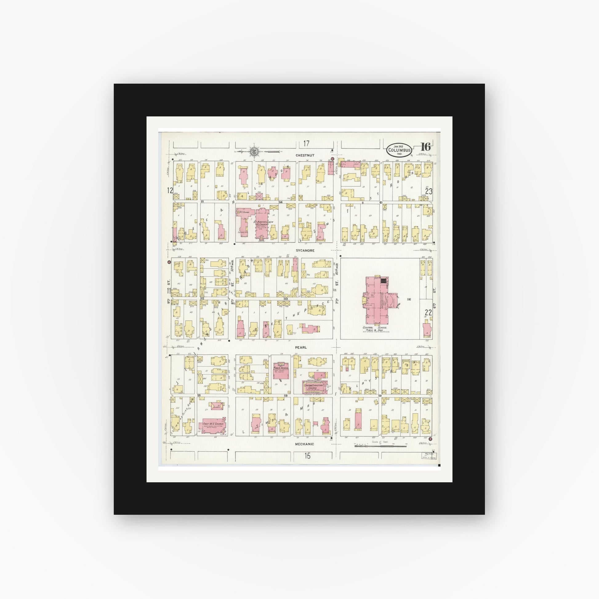 Old map wall art mockup — black gallery frame with white mat — Sanborn Fire Insurance Map from Columbus, Bartholomew County, Indiana (1912), Sheet #0016