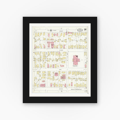 Old map wall art mockup — black gallery frame with white mat — Sanborn Fire Insurance Map from Columbus, Bartholomew County, Indiana (1912), Sheet #0016