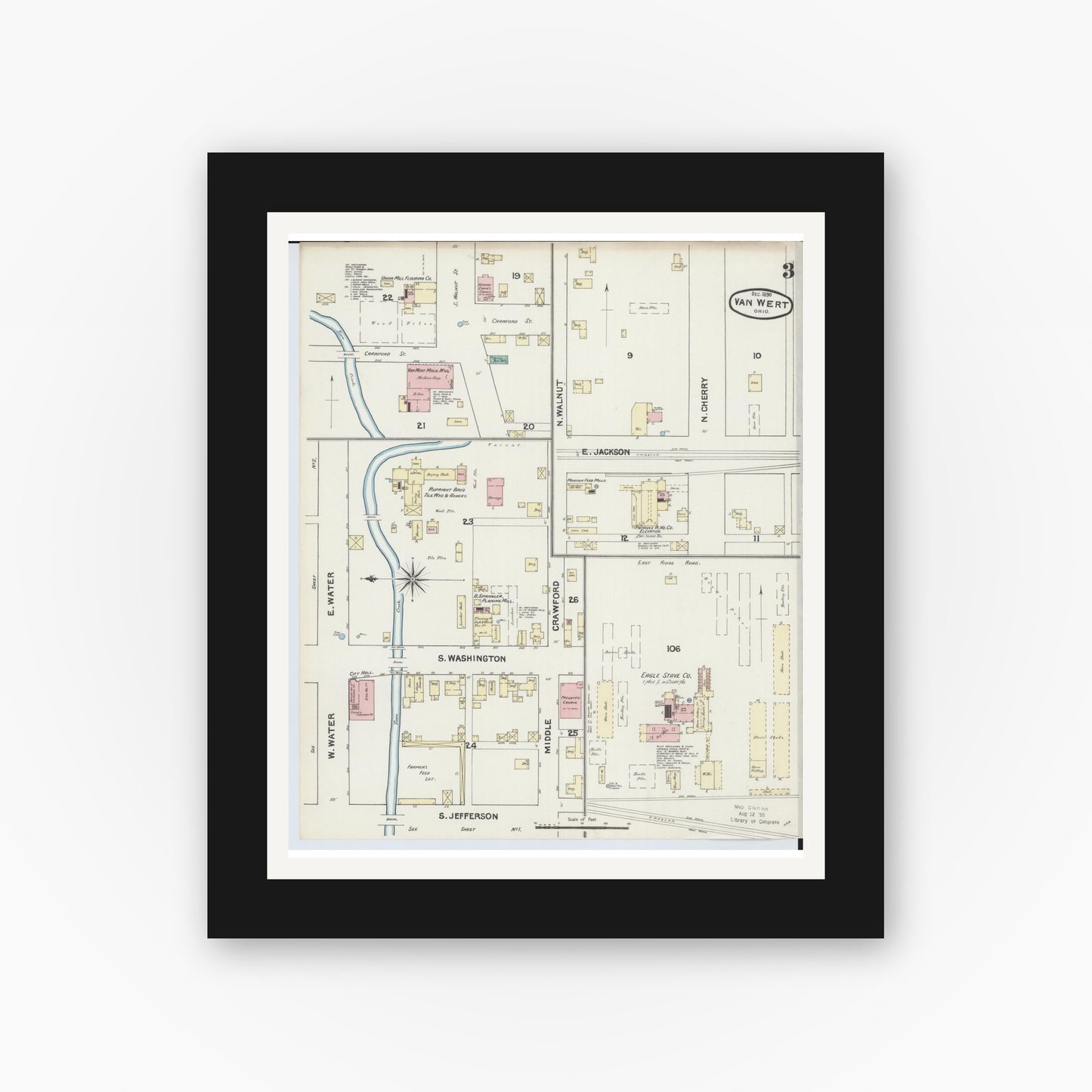 Old map wall art mockup — black gallery frame with white mat — Sanborn Fire Insurance Map from Van Wert, Van Wert County, Ohio (1890), Sheet #0003