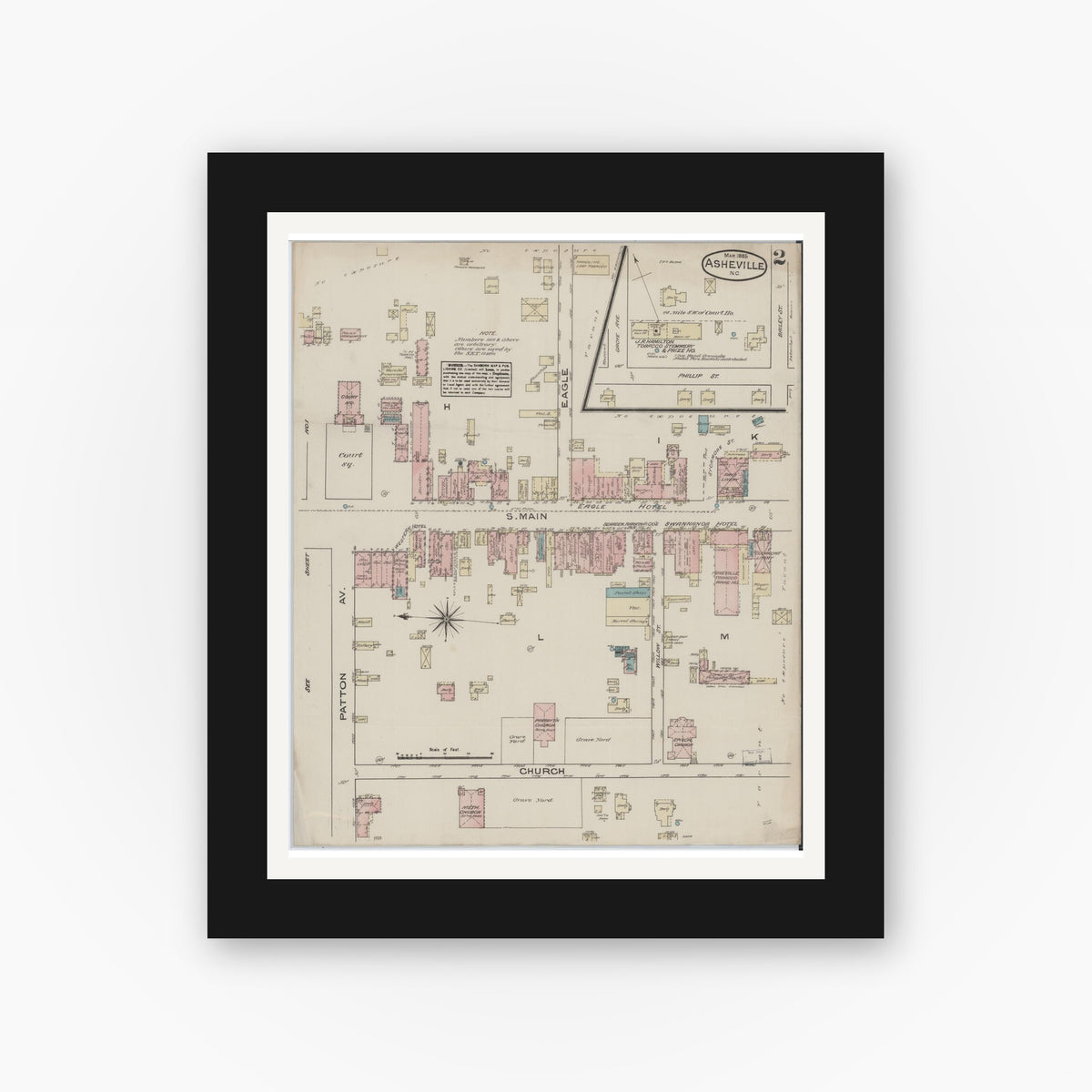 Old map wall art mockup — black gallery frame with white mat — Sanborn Fire Insurance Map from Asheville, Buncombe County, North Carolina (1885), Sheet #0002