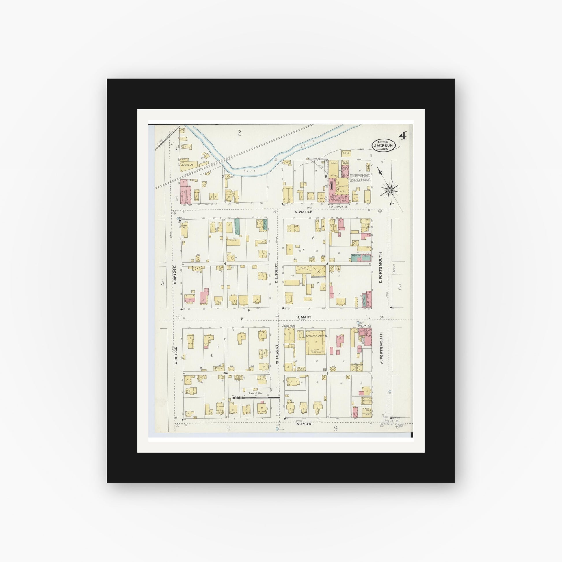 Old map wall art mockup — black gallery frame with white mat — Sanborn Fire Insurance Map from Jackson, Jackson County, Ohio (1905), Sheet #0004
