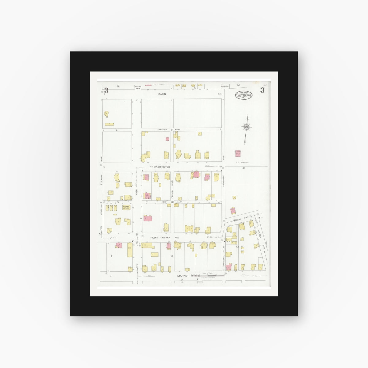 Old map wall art mockup — black gallery frame with white mat — Sanborn Fire Insurance Map from Saltsburg, Indiana County, Pennsylvania (1927), Sheet #0003