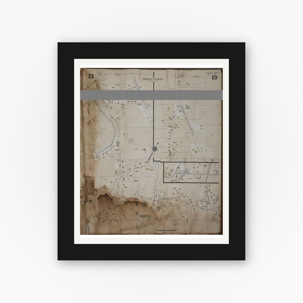 Old map wall art mockup — black gallery frame with white mat — Sanborn Fire Insurance Map from Cohasset, Norfolk County, Massachusetts (1963), Sheet #0013