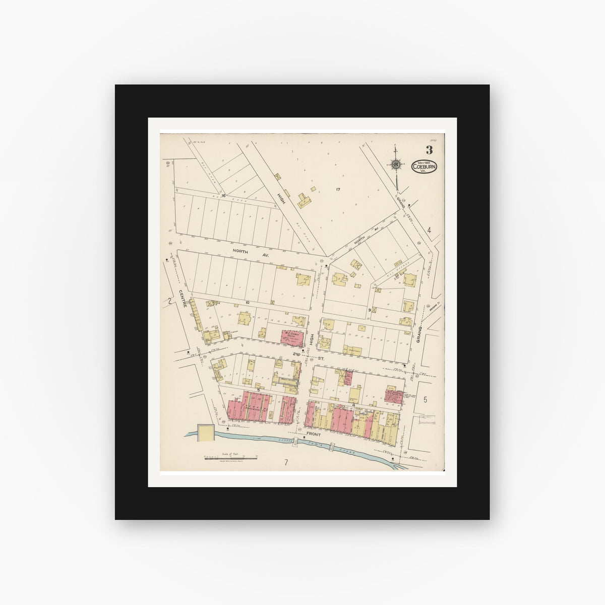 Old map wall art mockup — black gallery frame with white mat — Sanborn Fire Insurance Map from Coeburn, Wise County, Virginia (1922), Sheet #0003