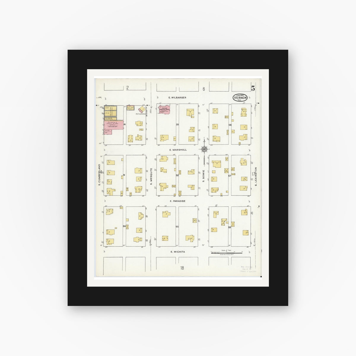 Old map wall art mockup — black gallery frame with white mat — Sanborn Fire Insurance Map from Vernon, Wilbarger County, Texas (1920), Sheet #0005