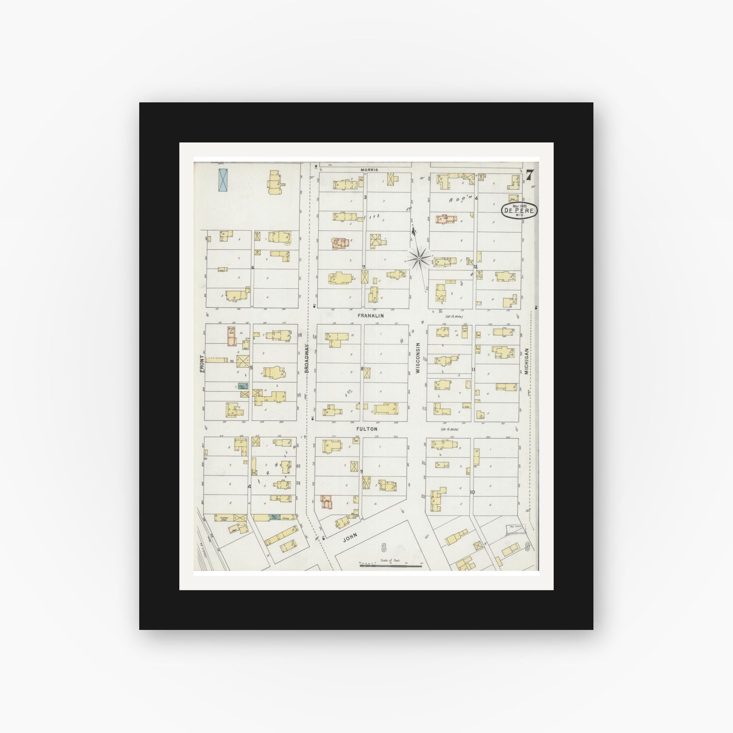 Old map wall art mockup — black gallery frame with white mat — Sanborn Fire Insurance Map from De Pere, Brown County, Wisconsin (1895), Sheet #0007