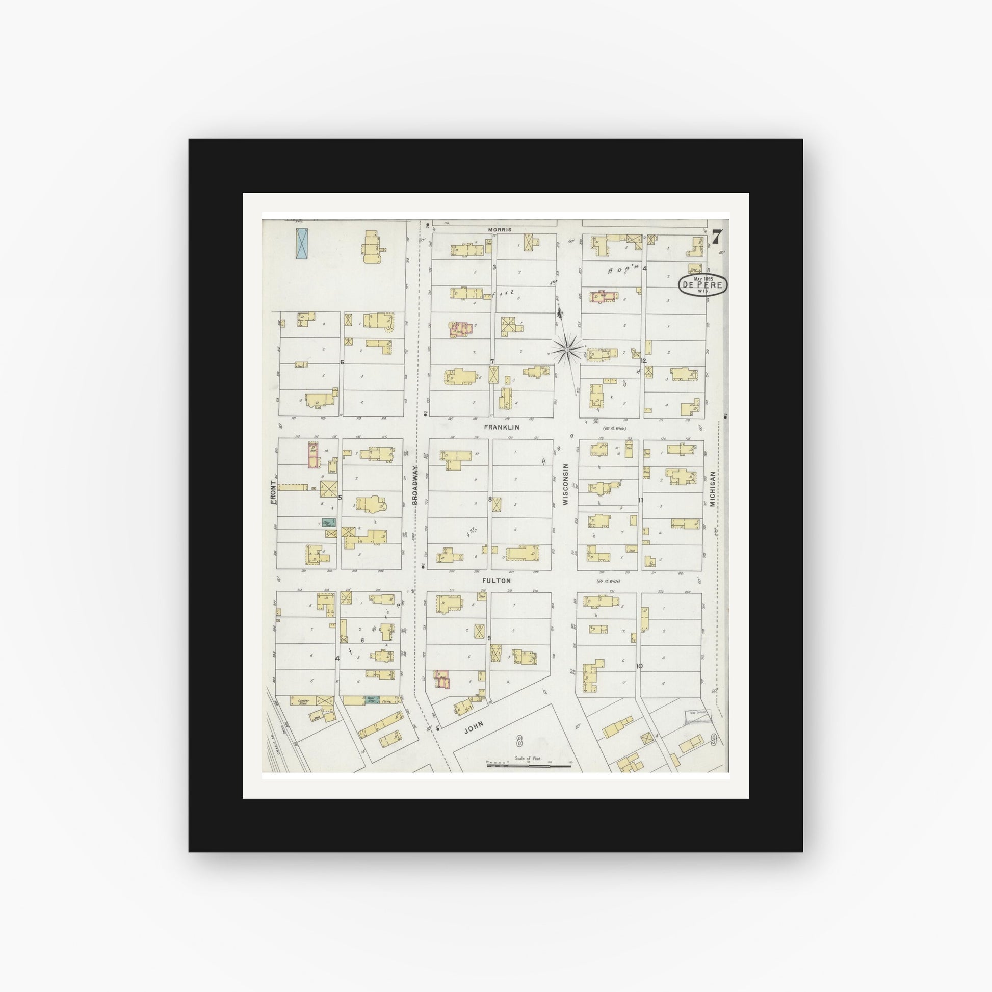 Old map wall art mockup — black gallery frame with white mat — Sanborn Fire Insurance Map from De Pere, Brown County, Wisconsin (1895), Sheet #0007