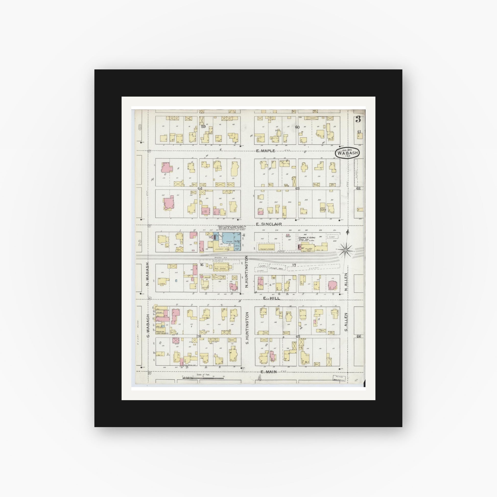 Old map wall art mockup — black gallery frame with white mat — Sanborn Fire Insurance Map from Wabash, Wabash County, Indiana (1893), Sheet #0003