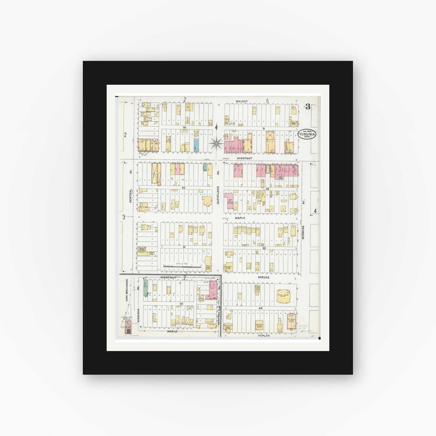Old map wall art mockup — black gallery frame with white mat — Sanborn Fire Insurance Map from Virginia, Saint Louis County, Minnesota (1904), Sheet #0003