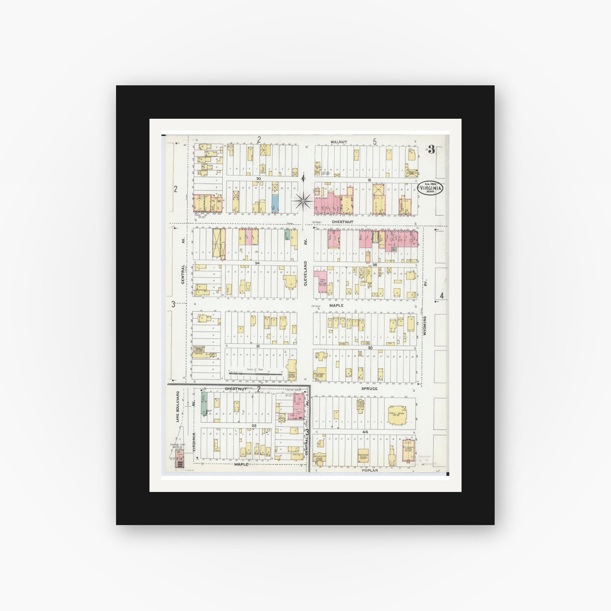Old map wall art mockup — black gallery frame with white mat — Sanborn Fire Insurance Map from Virginia, Saint Louis County, Minnesota (1904), Sheet #0003
