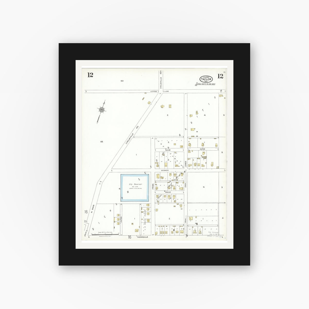 Old map wall art mockup — black gallery frame with white mat — Sanborn Fire Insurance Map from Taylor, Williamson County, Texas (1923), Sheet #0012