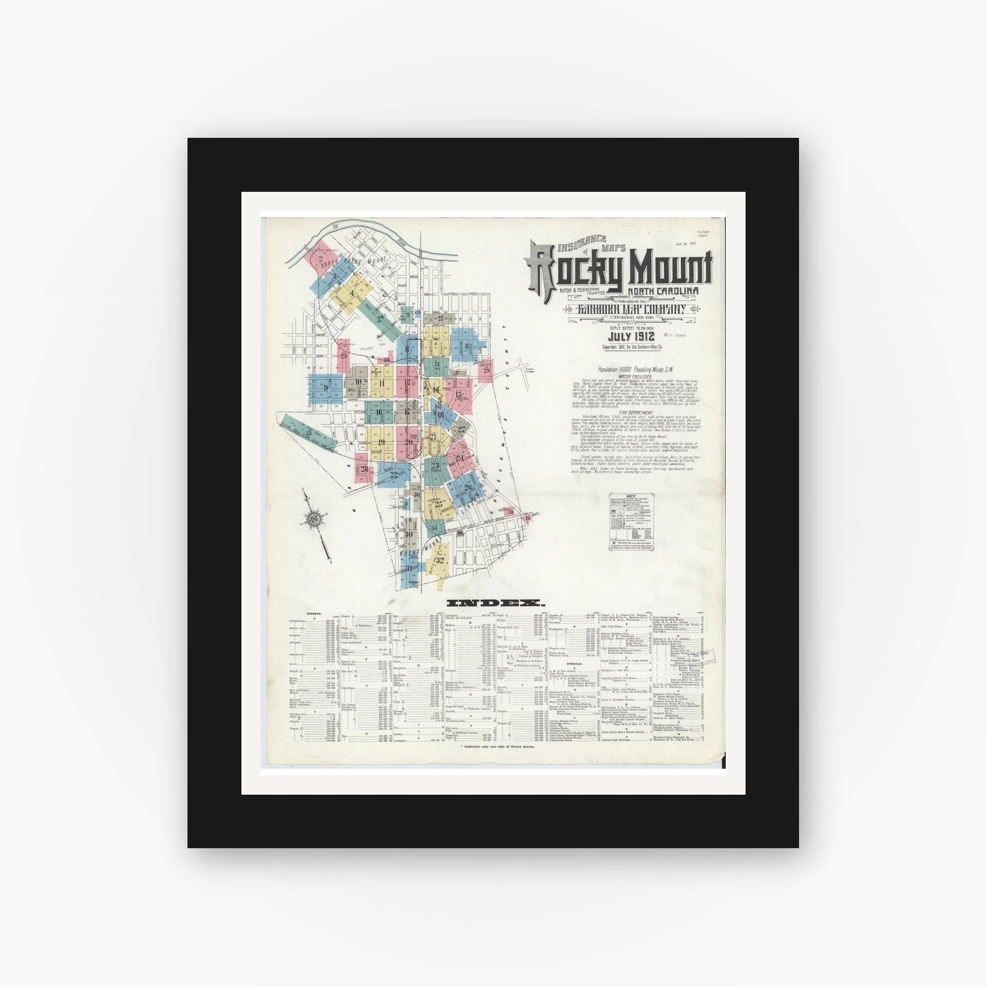 Old map wall art mockup — black gallery frame with white mat — Sanborn Fire Insurance Map from Rocky Mount, Edgecombe And Nash Counties, North Carolina (1912) - Complete Map Set