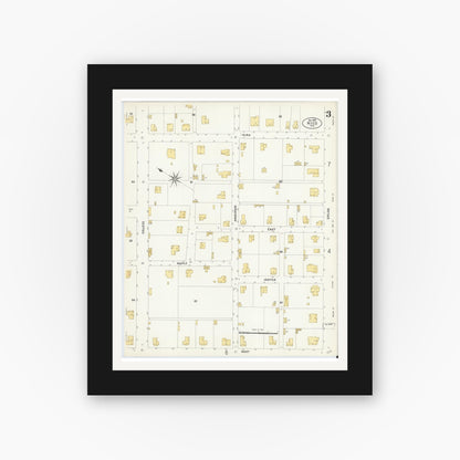 Old map wall art mockup — black gallery frame with white mat — Sanborn Fire Insurance Map from Hico, Hamilton County, Texas (1907), Sheet #0003