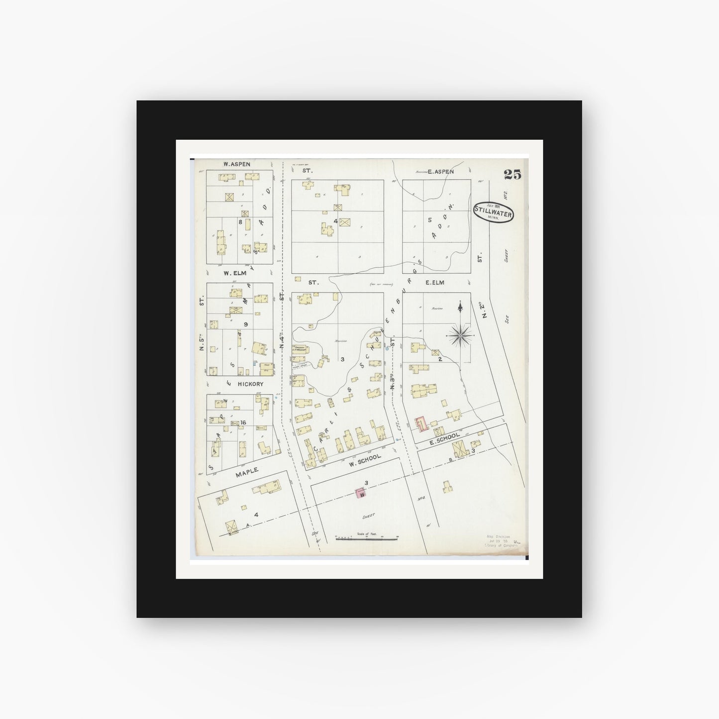 Old map wall art mockup — black gallery frame with white mat — Sanborn Fire Insurance Map from Stillwater, Washington County, Minnesota (1891), Sheet #0025